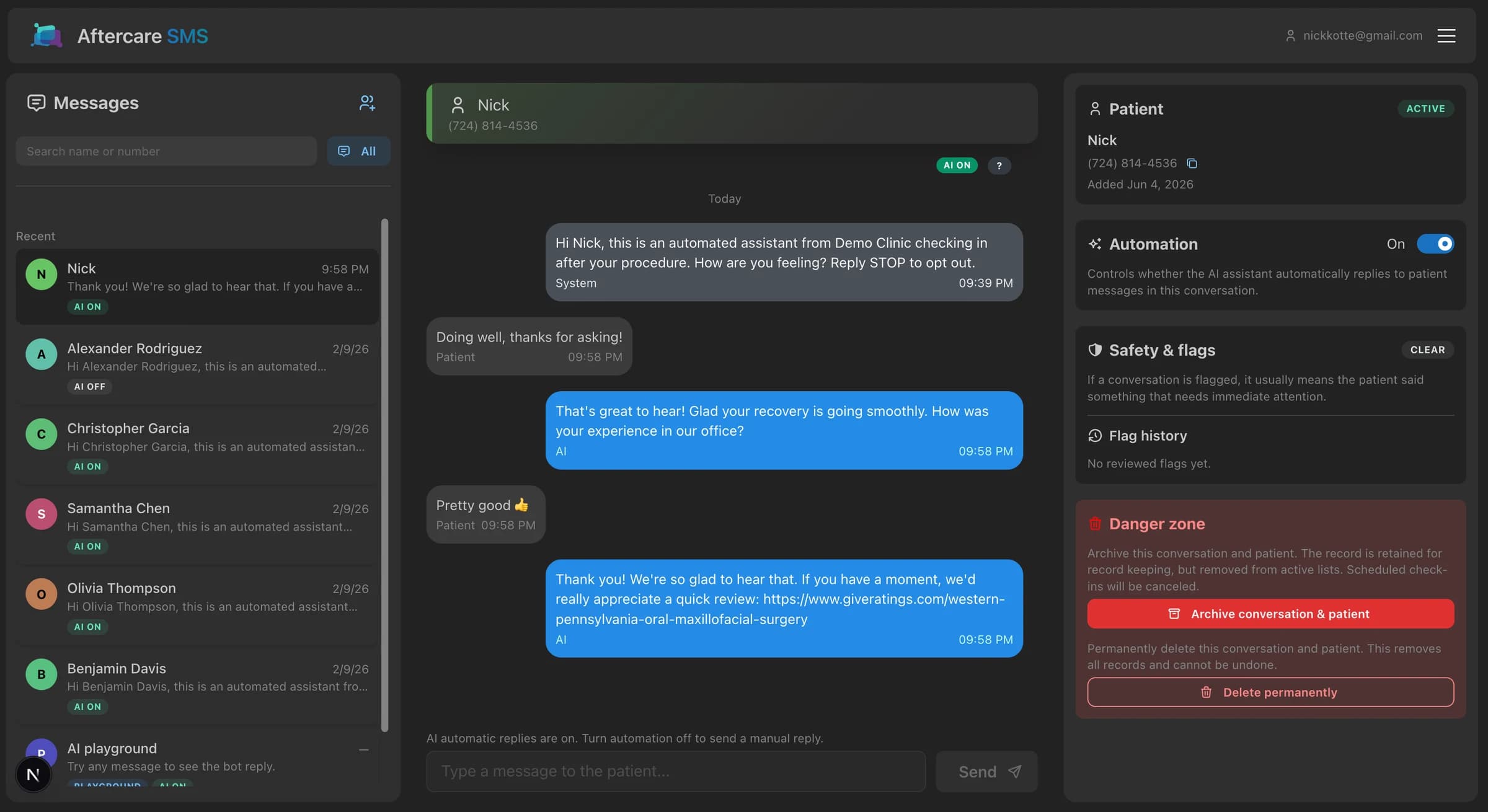 Aftercare clinician dashboard showing a patient SMS thread, automation state, and safety controls