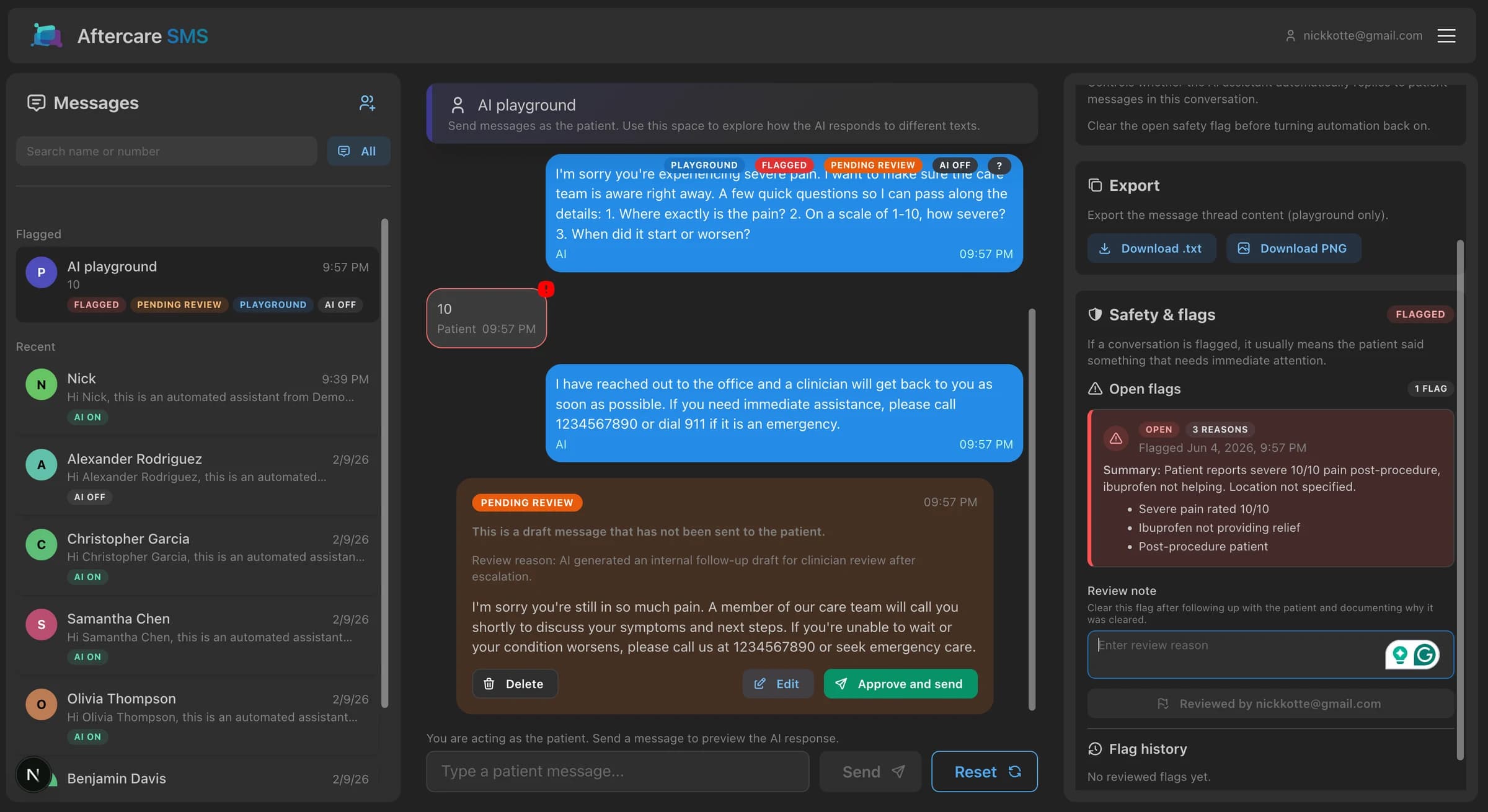 Aftercare safety review workflow showing a flagged conversation and pending review draft