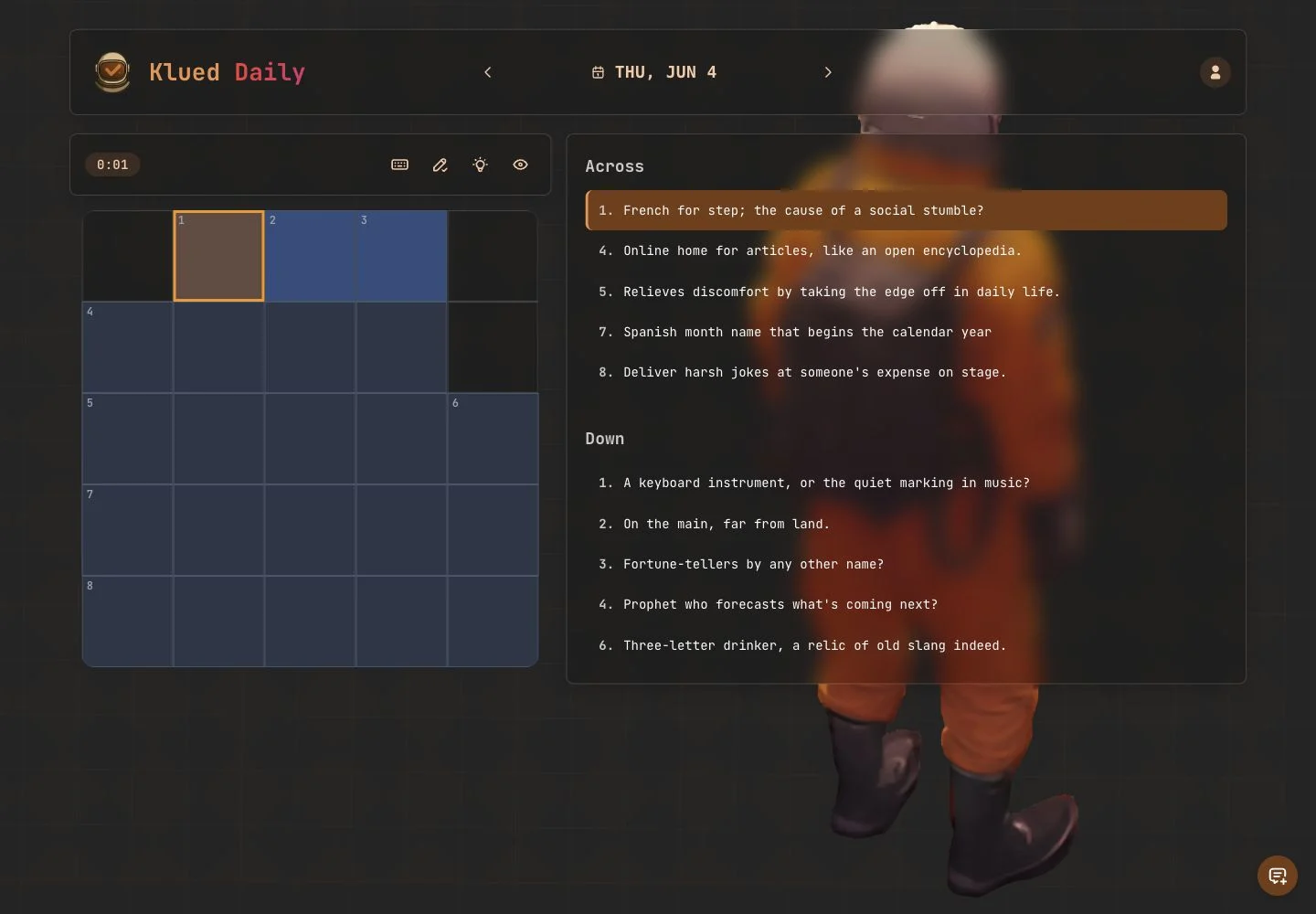 Klued desktop crossword grid with clue list and helper controls