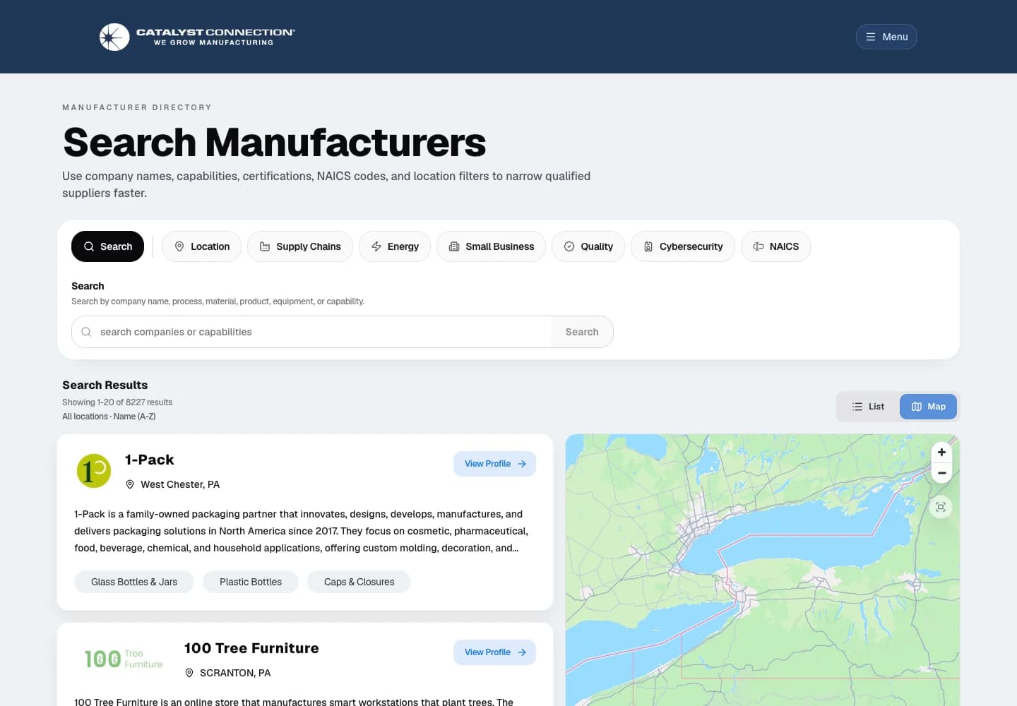 We Make It Here manufacturer browse page with filters, results, and map